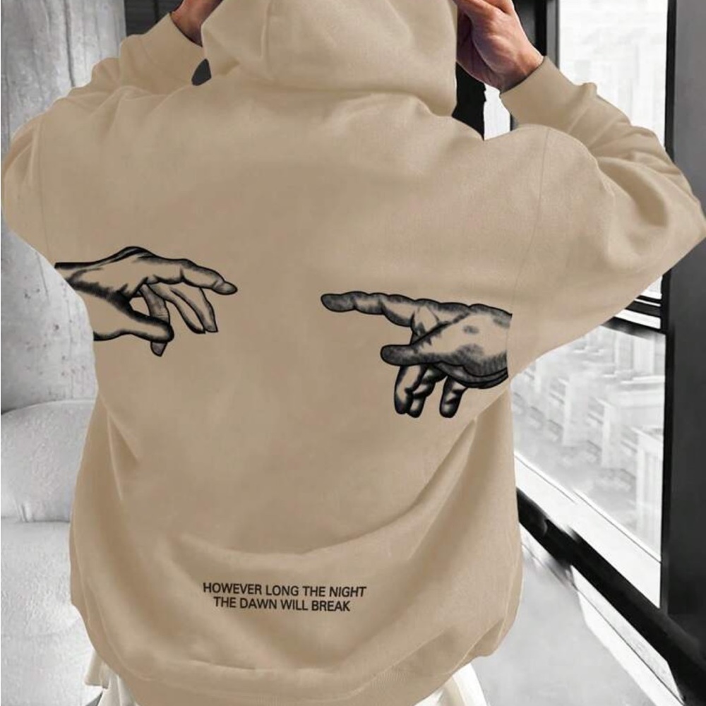 EMRG Loose-Fit Men's Slogan & Hand Graphic Drop Shoulder Hoodie With Drawstring